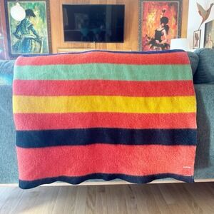 Red Orange Wool Blanket With Stripes 66" x 76" Twin Camp Lodge Cabincore Vintage